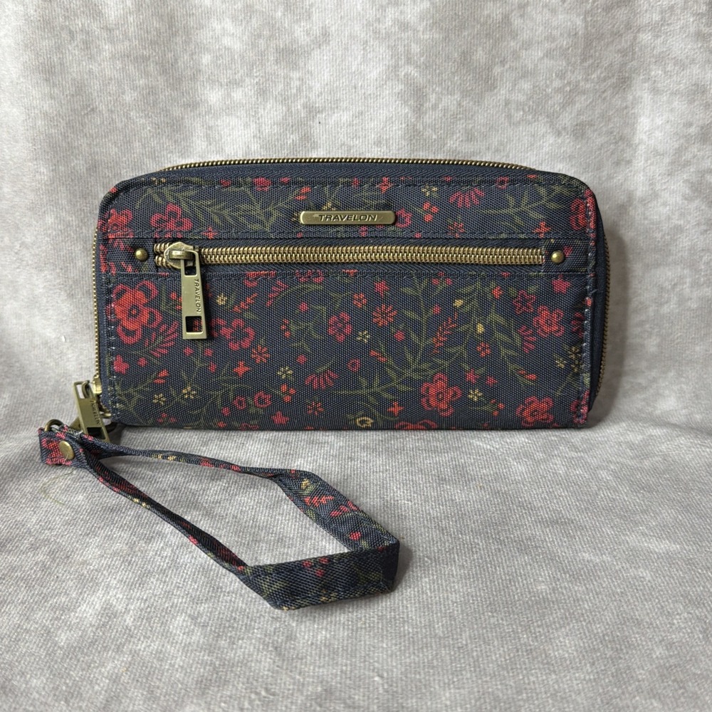 Travelon Wallet Wristlet RFID Blocking Navy Blue Floral Phone Compartment 7.5"